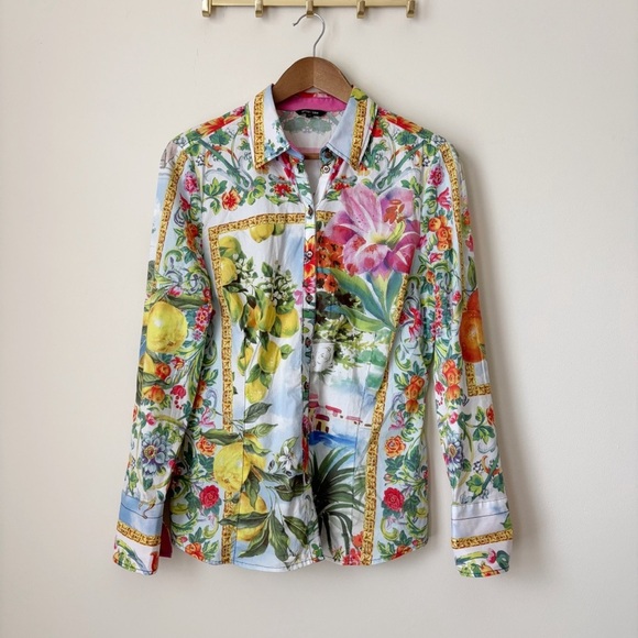 Otto Kern Tropical Resort Scarf Print Shirt Sz 40 US 10 Button Front - Picture 1 of 7